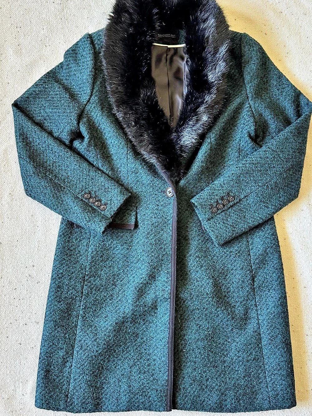 Banana Republic M Nova Fides Italian Wool Blend Teal Faux Fur Collar Coat